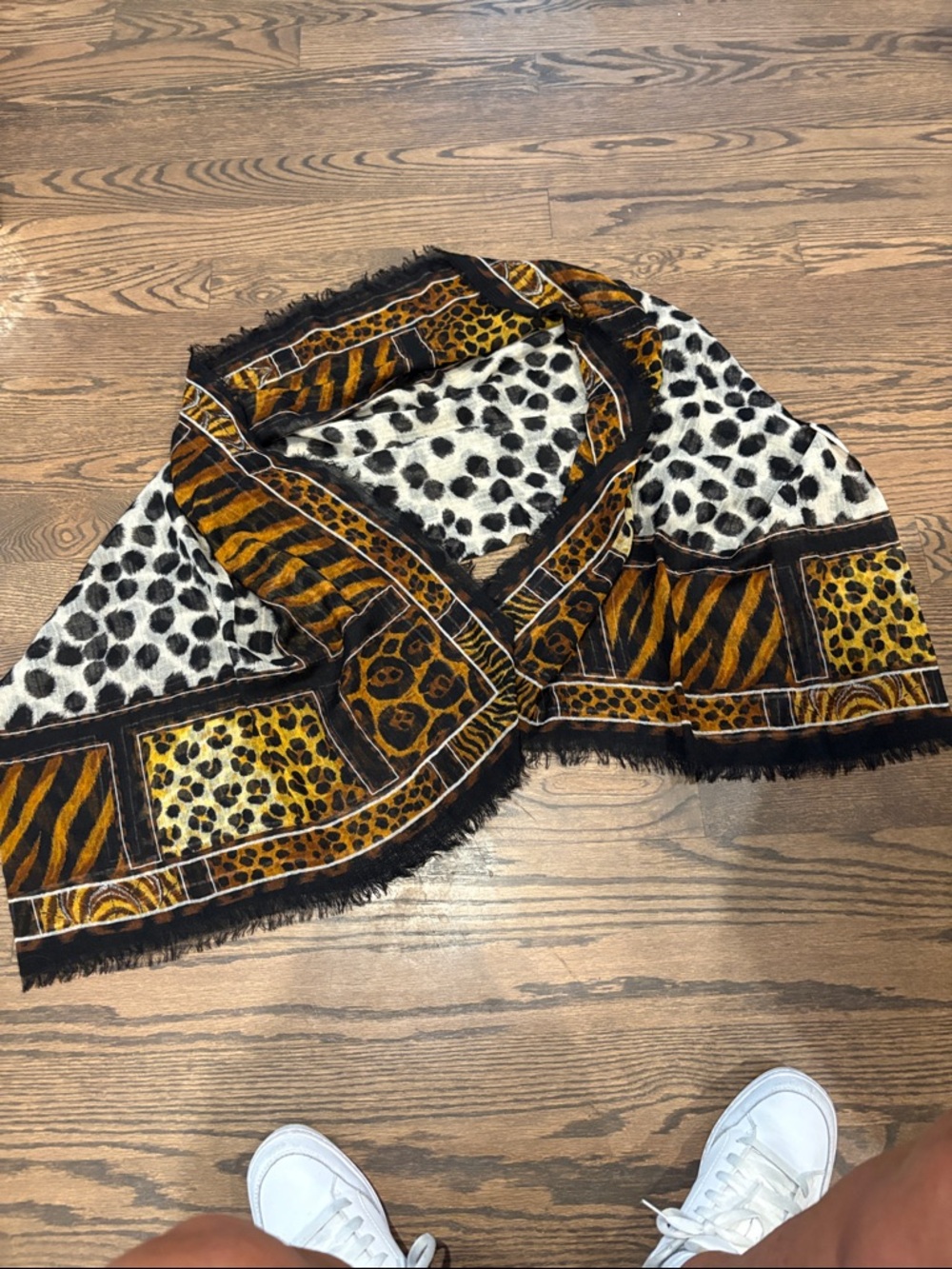 Animal Print Fringed Shawl - Black, White & Golden Brown